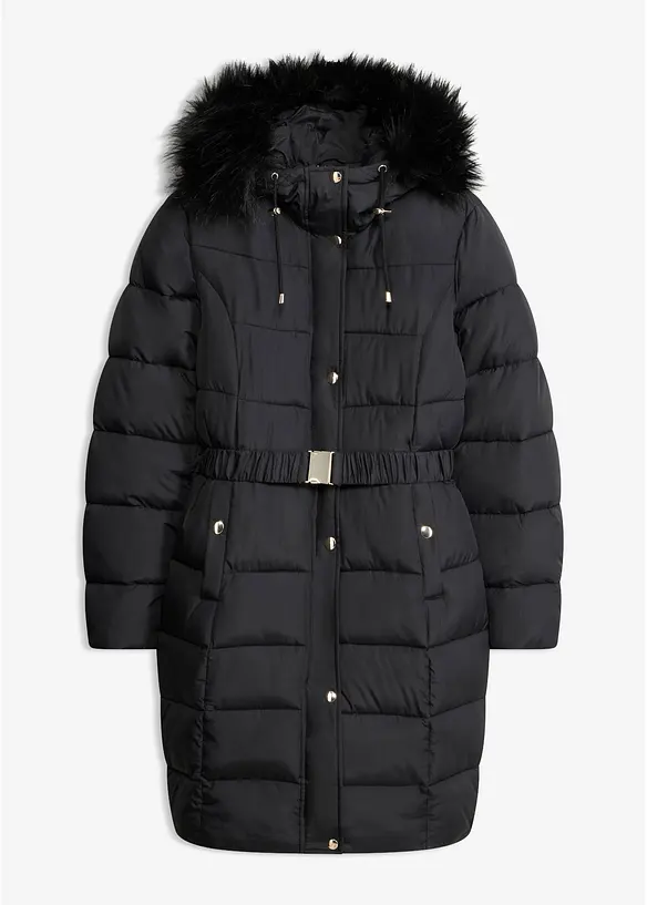 Wasserabweisende Steppjacke mit Fellimitat in schwarz von vorne - bonprix