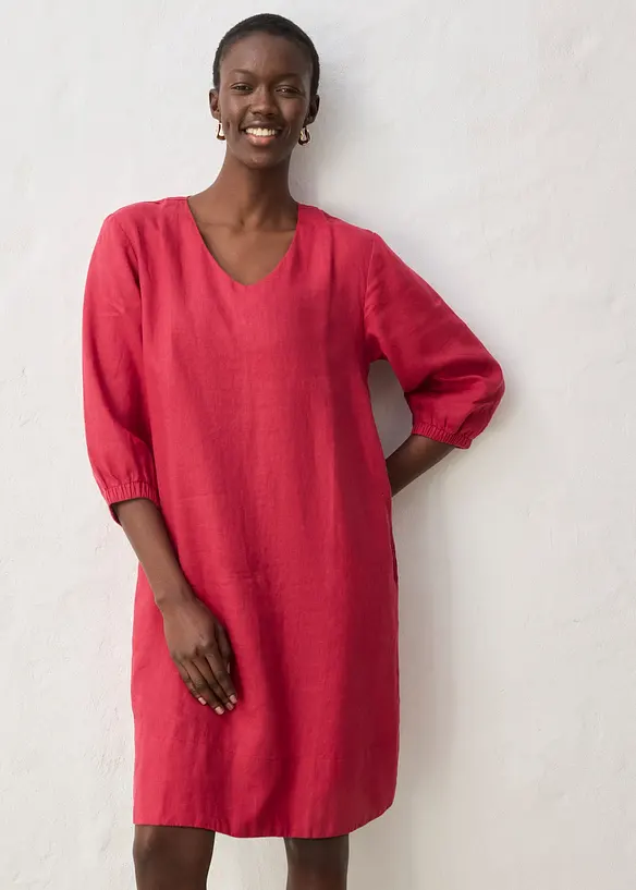 Kleid aus reinem Leinen und 3/4 Arm in rot von vorne (Totalaufnahme) - bonprix Kleid aus reinem Leinen und 3/4 Arm in rot von vorne (Totalaufnahme) - bonprix