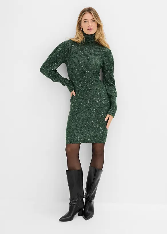 Figurbetontes Strickkleid mit Pailletten in grün von vorne (Totalaufnahme) - bonprix