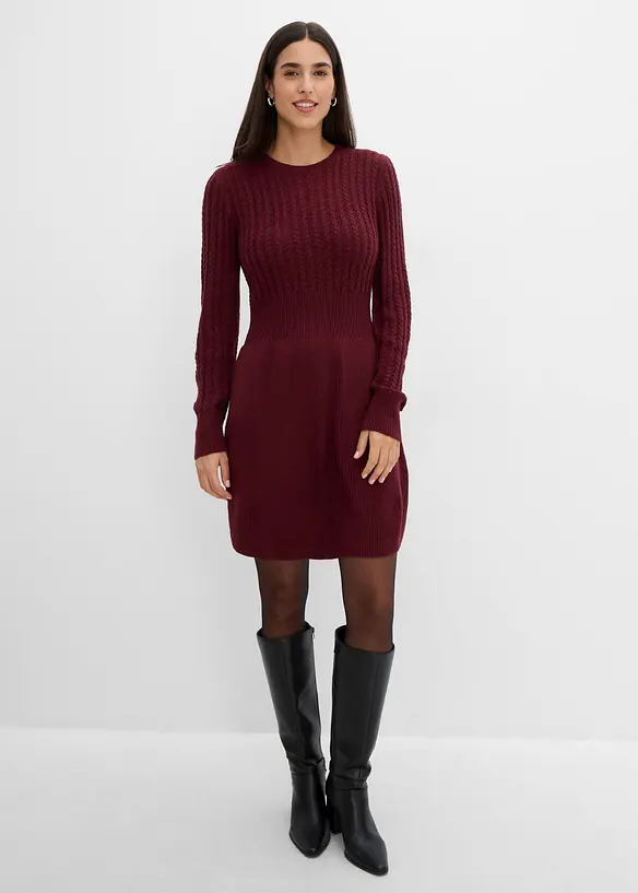 Strickkleid mit Zopfmuster in rot von vorne (Totalaufnahme) - bonprix Strickkleid mit Zopfmuster in rot von vorne (Totalaufnahme) - bonprix