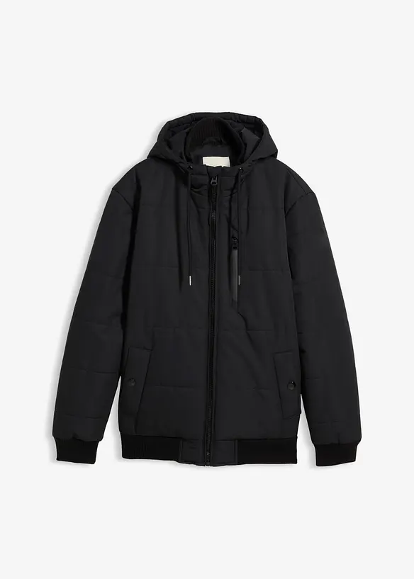 Winter-Steppjacke in Blousonform mit Kapuze in schwarz von vorne - bonprix