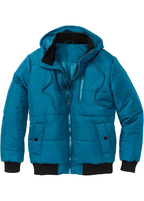 Winter-Steppjacke in Blousonform mit Kapuze in petrol von vorne - bonprix