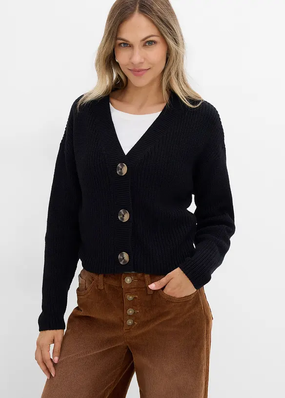 Grobstrickjacke aus reiner Baumwolle in schwarz von vorne (im Anschnitt) - bonprix Grobstrickjacke aus reiner Baumwolle in schwarz von vorne (im Anschnitt) - bonprix