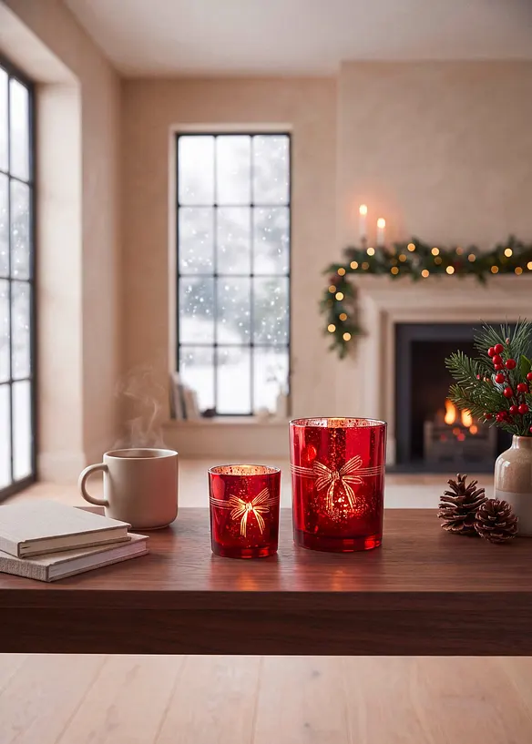 Teelichthalter Weihnachtsschleife (2-tlg. Set) in rot (Ambiente) - bonprix