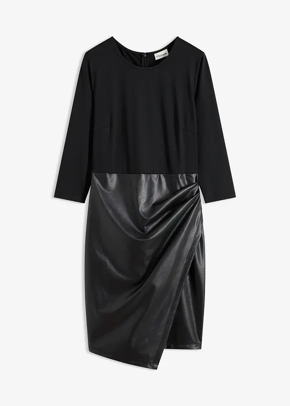 Lederimitat-Kleid mit Jersey-Oberteil in schwarz von vorne - bonprix Lederimitat-Kleid mit Jersey-Oberteil in schwarz von vorne - bonprix