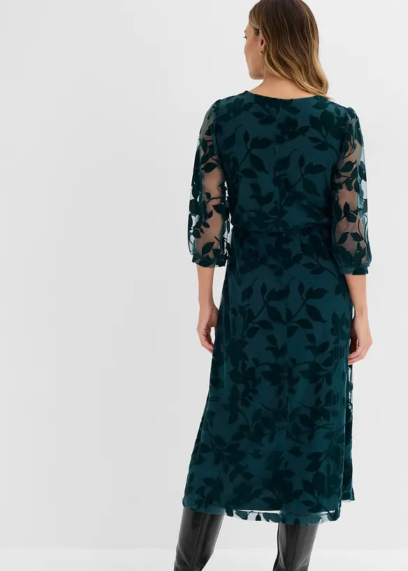Midikleid mit Flockprint in petrol von hinten (Totalaufnahme) - bonprix