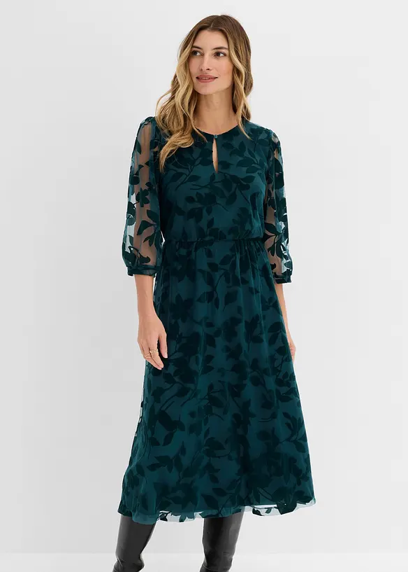Midikleid mit Flockprint in petrol von vorne (Totalaufnahme) - bonprix