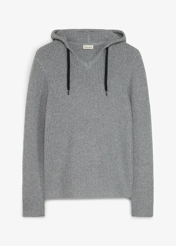 flauschiger Rippstrick-Hoodie, Regular Fit in grau von vorne - bonprix