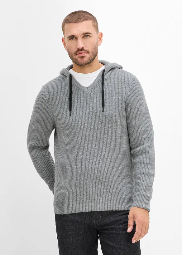 flauschiger Rippstrick-Hoodie, Regular Fit in grau von vorne (im Anschnitt) - bonprix