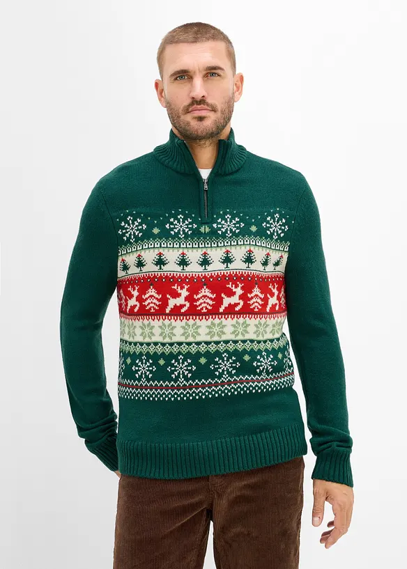 Norweger-Pullover mit Stehkragen in grün von vorne (im Anschnitt) - bonprix