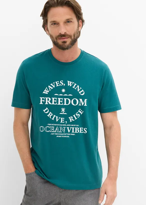 T-Shirt aus reiner Bio-Baumwolle in petrol von vorne (im Anschnitt) - bonprix