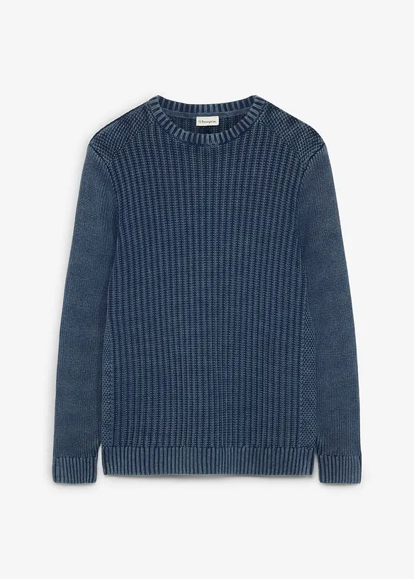 Grobstrick-Pullover im Used-Look aus reiner Baumwolle in blau von vorne - bonprix