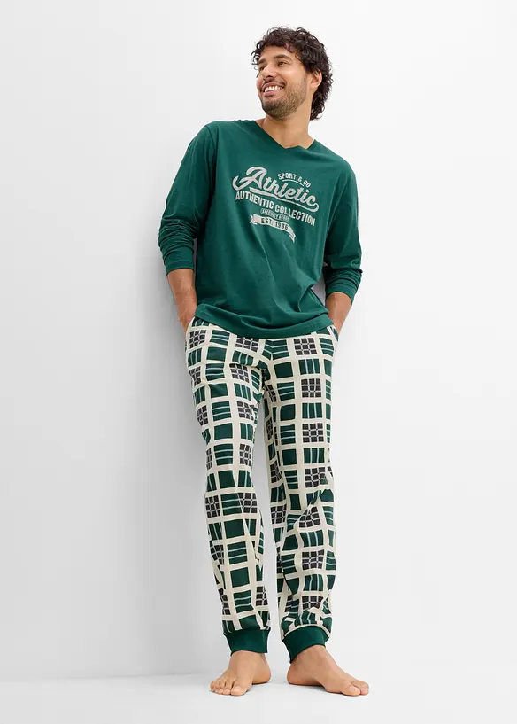 Pyjama aus reiner Bio-Baumwolle mit langen Ärmeln in grün im Look von vorne (Totalaufnahme) - bonprix