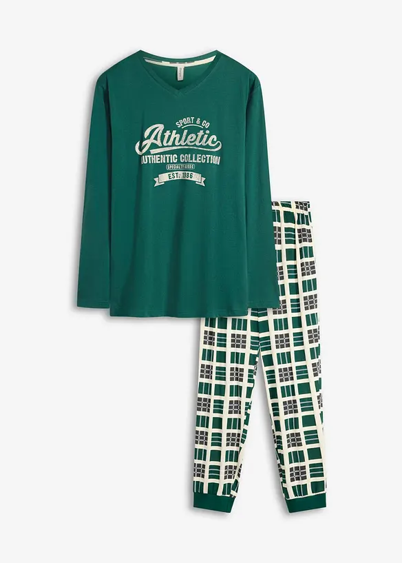 Pyjama aus reiner Bio-Baumwolle mit langen Ärmeln in grün von vorne - bonprix