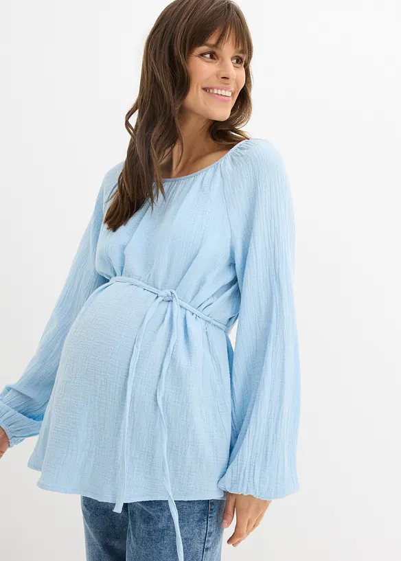 Umstandsbluse aus reinem Baumwollmusselin in blau von vorne (im Anschnitt) - bonprix Umstandsbluse aus reinem Baumwollmusselin in blau von vorne (im Anschnitt) - bonprix