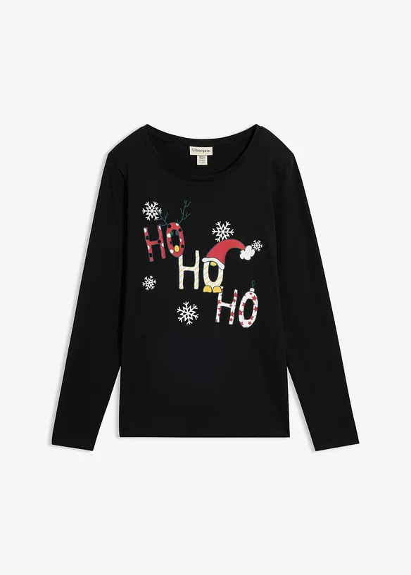 Langarmshirt mit Weihnachtsmotiv in schwarz von vorne - bonprix