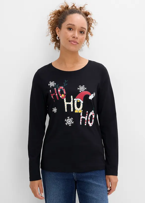 Langarmshirt mit Weihnachtsmotiv in schwarz von vorne (im Anschnitt) - bonprix