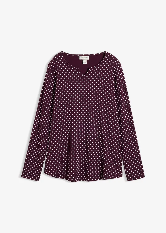 Gepunktetes Baumwoll-Langarmshirt mit Seitenschlitzen in lila von vorne - bonprix