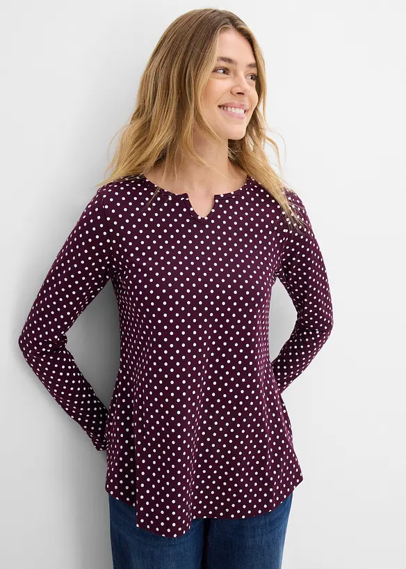 Gepunktetes Baumwoll-Langarmshirt mit Seitenschlitzen in lila von vorne (im Anschnitt) - bonprix