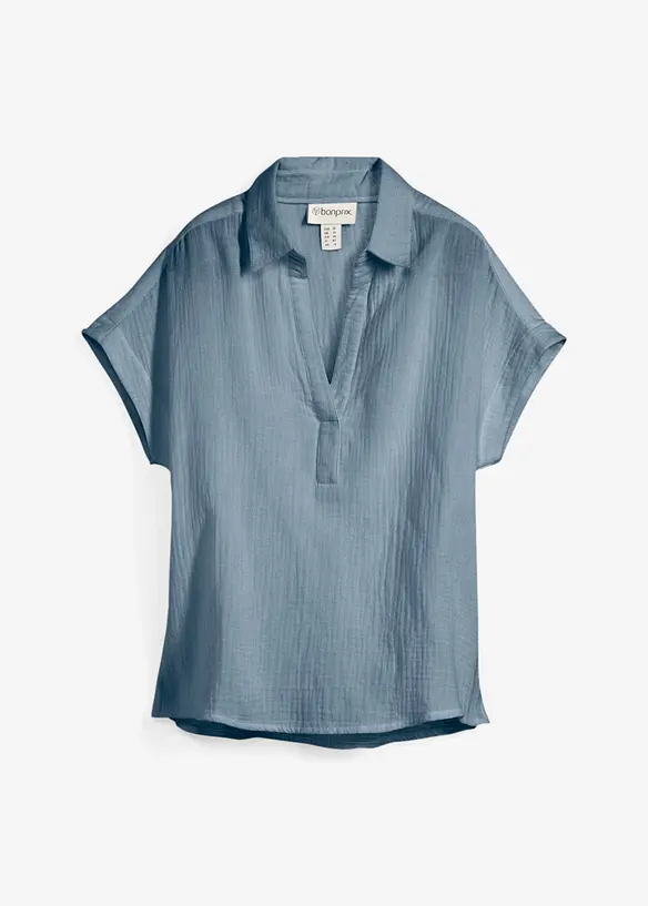 Musselin-Kurzarmbluse aus reiner Baumwolle in blau von vorne - bonprix Musselin-Kurzarmbluse aus reiner Baumwolle in blau von vorne - bonprix