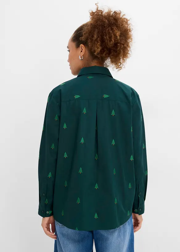 Hemdbluse mit Stickerei aus reiner Bio-Baumwolle in grün von hinten (im Anschnitt) - bonprix