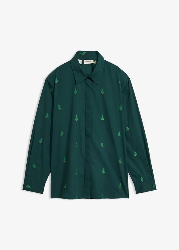 Hemdbluse mit Stickerei aus reiner Bio-Baumwolle in grün von vorne - bonprix