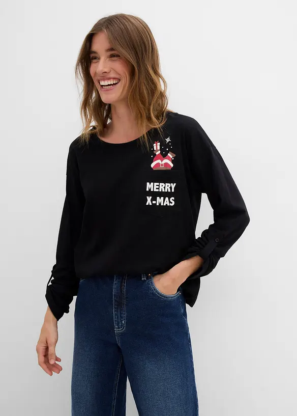 Weihnachtliches Langarmshirt aus reiner Bio-Baumwolle in schwarz von vorne (im Anschnitt) - bonprix