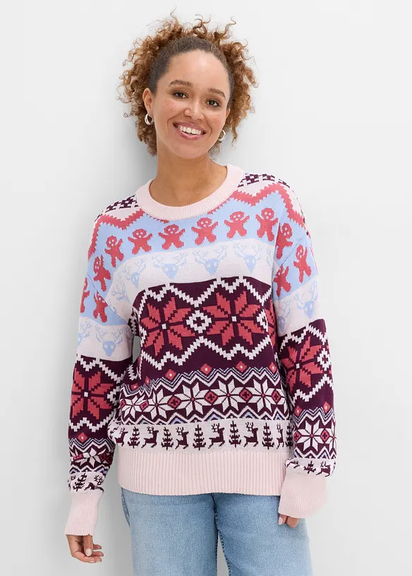 Pullover aus Baumwoll-Mix mit winterlichen Motiven in blau von vorne (im Anschnitt) - bonprix