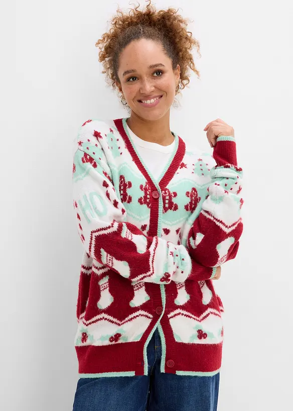 Weihnachtliche Strickjacke in rot von vorne (im Anschnitt) - bonprix