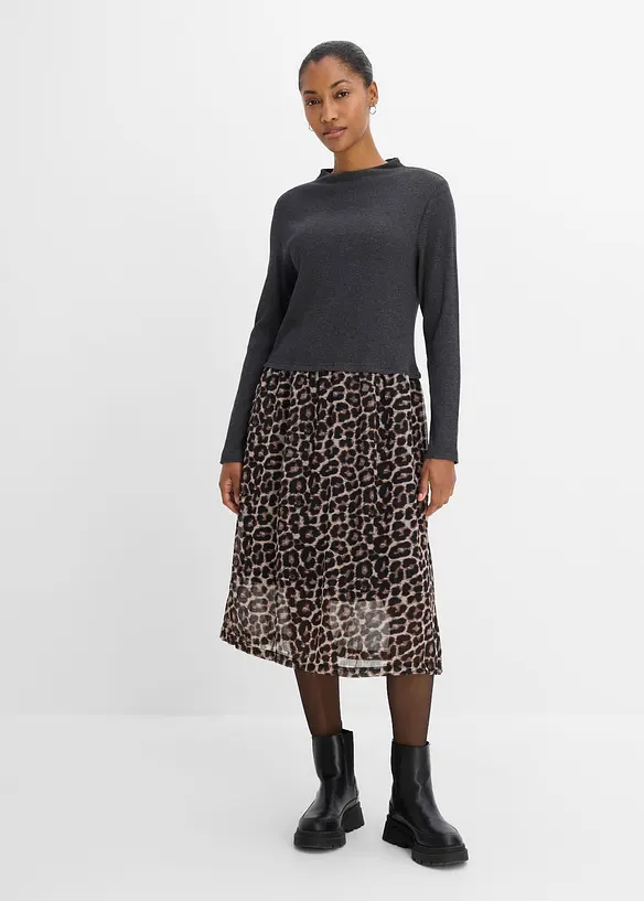 Shirtkleid im Materialmix mit reiner Baumwolle in grau von vorne (Totalaufnahme) - bonprix