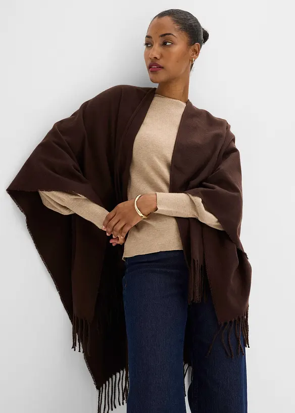 Poncho mit Fransen in braun von vorne (im Anschnitt) - bonprix