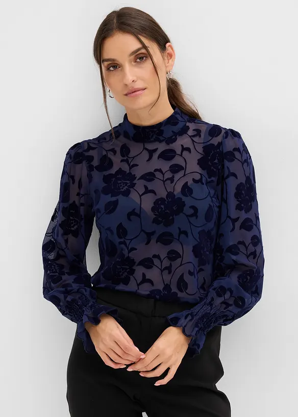 transparentes Langarmshirt mit Flockprint in blau von vorne (im Anschnitt) - bonprix