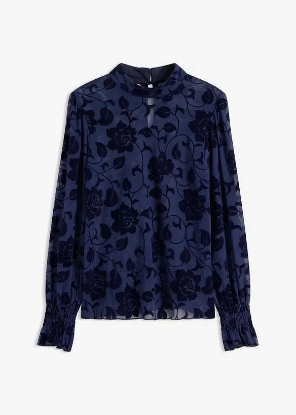 transparentes Langarmshirt mit Flockprint in blau von vorne - bonprix