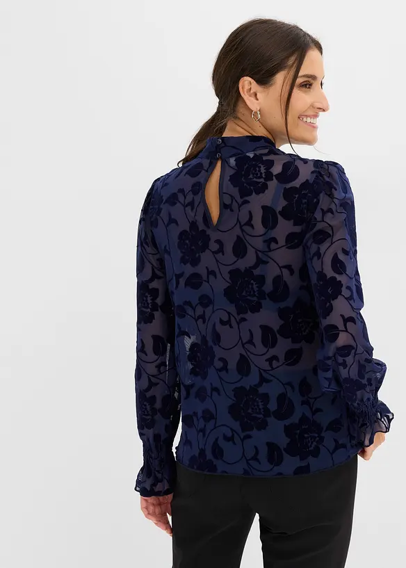 transparentes Langarmshirt mit Flockprint in blau von hinten (im Anschnitt) - bonprix