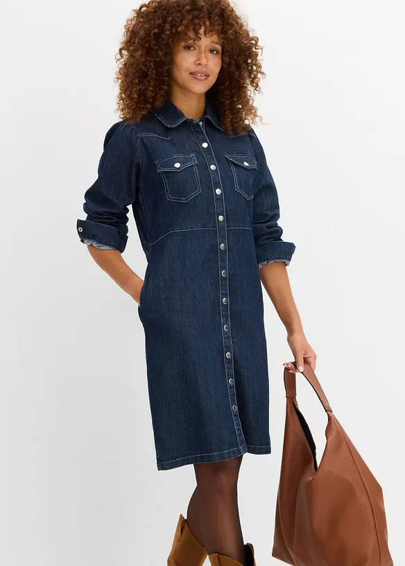 Kurzes Jeanskleid in blau von vorne (Totalaufnahme) - bonprix Kurzes Jeanskleid in blau von vorne (Totalaufnahme) - bonprix
