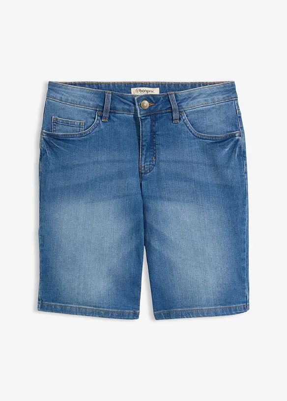 Stretch-Jeans-Bermuda mit farbigem Umschlag in blau von vorne - bonprix Stretch-Jeans-Bermuda mit farbigem Umschlag in blau von vorne - bonprix