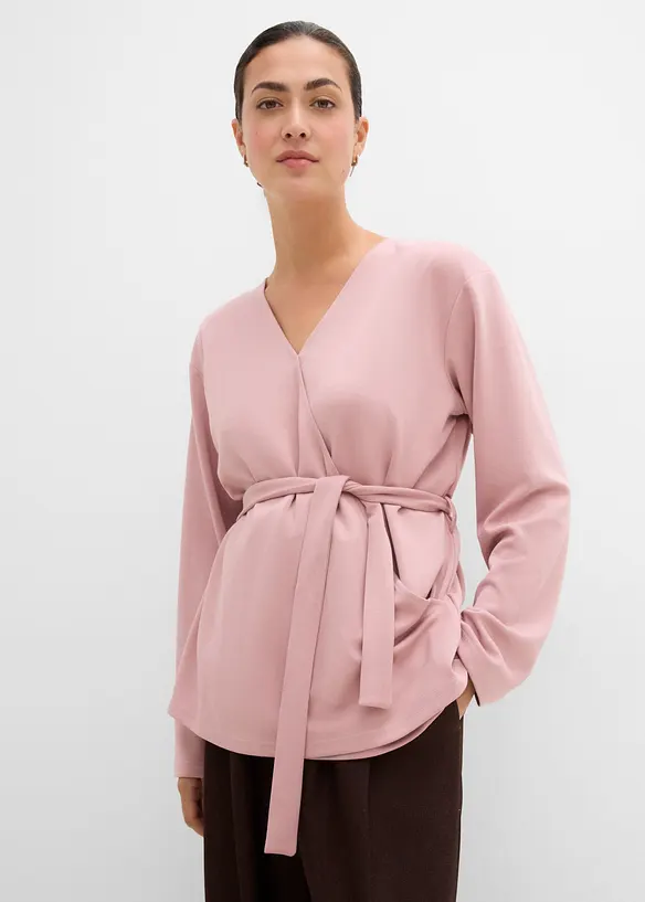 Wickelshirt aus feinem Viskose-Mix in rosa von vorne (im Anschnitt) - bonprix