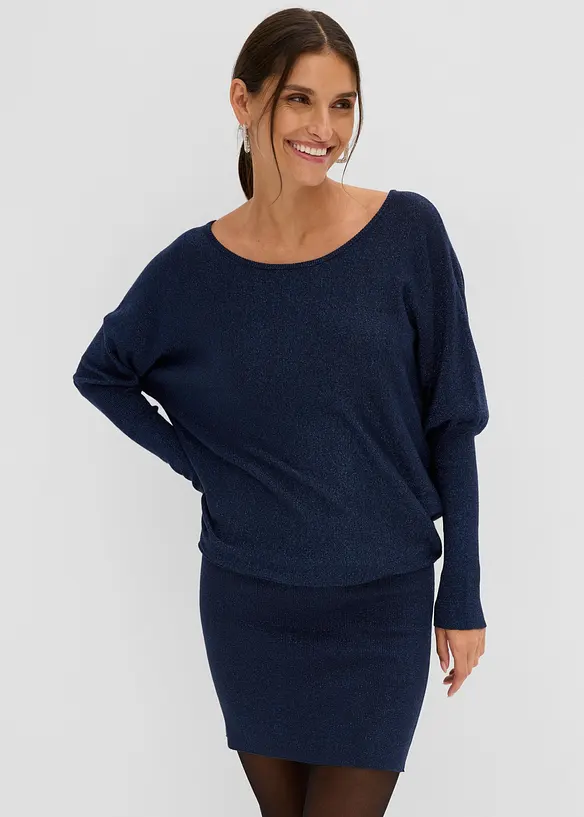 Strickkleid aus fließendem Viskose-Mix in blau von vorne (Totalaufnahme) - bonprix