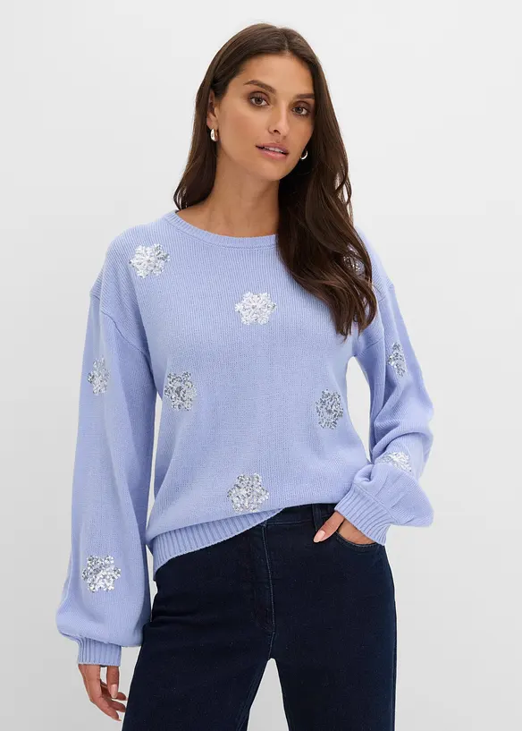 Pullover mit funkelnden Schneeflocken-Motiven in blau von vorne (im Anschnitt) - bonprix Pullover mit funkelnden Schneeflocken-Motiven in blau von vorne (im Anschnitt) - bonprix