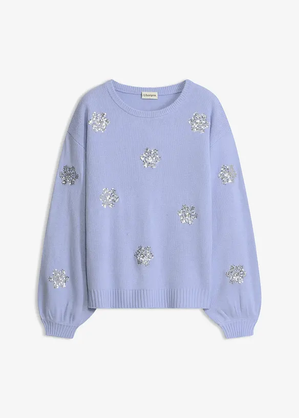 Pullover mit funkelnden Schneeflocken-Motiven in blau von vorne - bonprix Pullover mit funkelnden Schneeflocken-Motiven in blau von vorne - bonprix