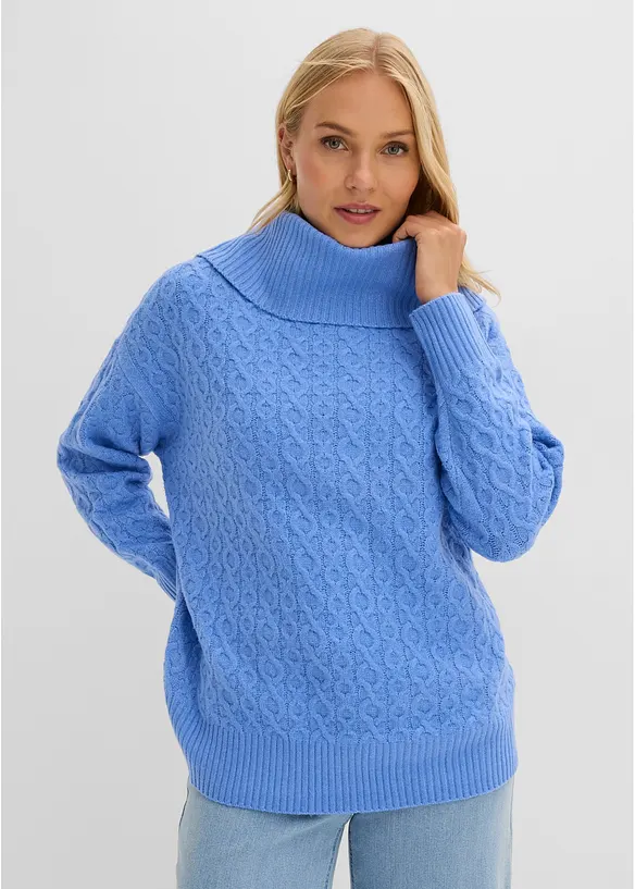 Pullover mit Zopfmuster in blau von vorne (im Anschnitt) - bonprix