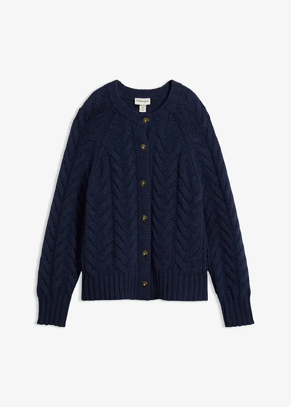 Grobstrickjacke aus feiner Merinowolle mit Zopfmuster in blau von vorne - bonprix
