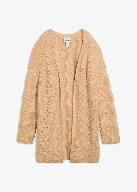 Longstrickjacke aus feinem Merinowoll-Mix mit Ajourmuster in beige von vorne - bonprix