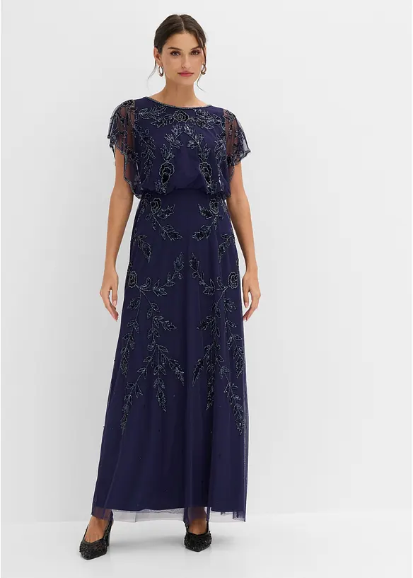 Abendkleid mit Paillettenstickerei in blau von vorne (Totalaufnahme) - bonprix