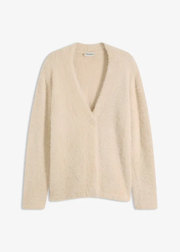 Strickjacke aus Federgarn in beige von vorne - bonprix