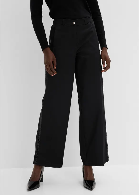 Baumwoll-Stretchhose mit Galonstreifen in schwarz von vorne - bonprix