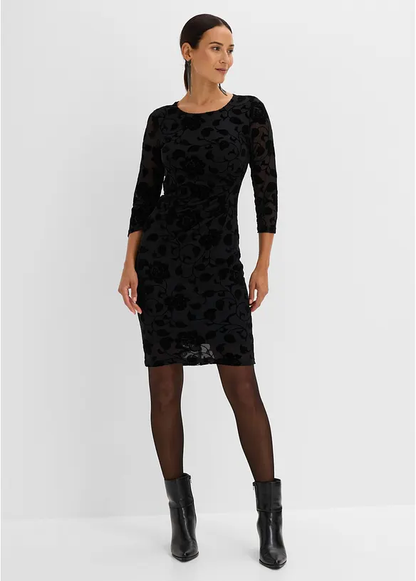 Mesh-Kleid mit edlem Flockprint in schwarz von vorne (Totalaufnahme) - bonprix