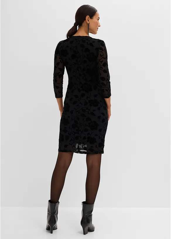 Mesh-Kleid mit edlem Flockprint in schwarz von hinten (Totalaufnahme) - bonprix