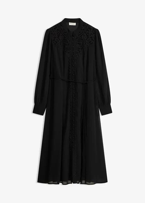 Chiffonkleid mit aufwendigem Spitzenbesatz in schwarz von vorne - bonprix