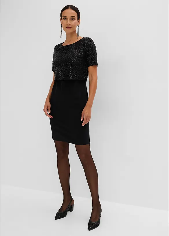 Kleid aus Punto di Roma mit Pailletten in schwarz von vorne (Totalaufnahme) - bonprix